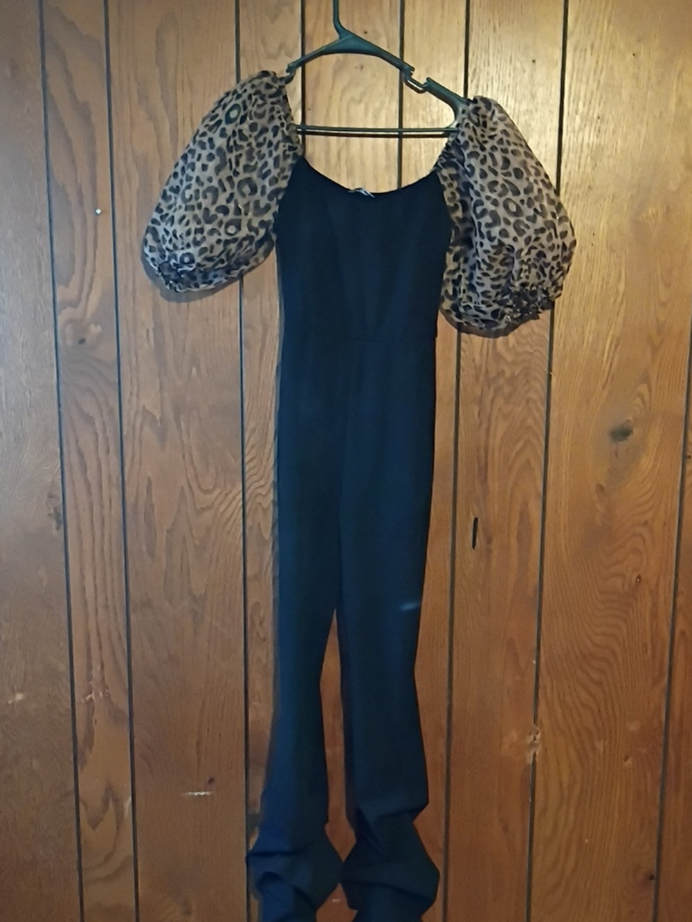 Fashion Nova Black Jumpsuit with Leopard Puff Sleeves